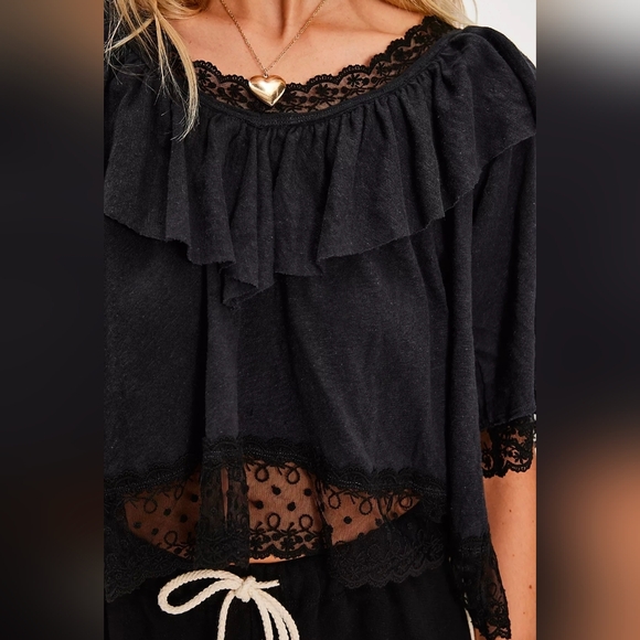 Free People Lulu Knit Boho Lace Ruffle Top - Picture 3 of 4